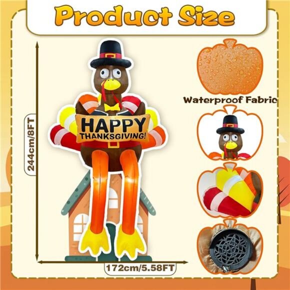 8 FT Thanksgiving Inflatables Outdoor Decorations Giant Inflatable Turkey - Picture 2 of 8